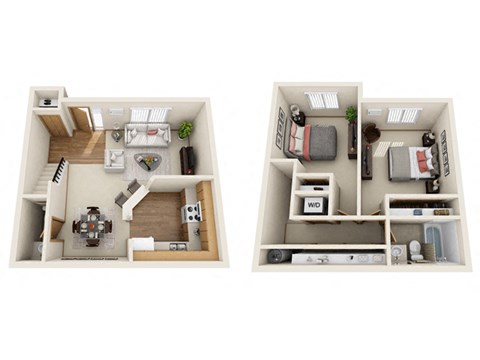 Floor plan for 2 beds, 1.5 baths, 990 sqft